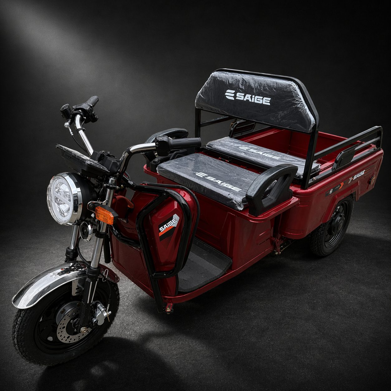Triciclu Electric de Marfa XPB, Saige, Viteza Maxima 25 km/h, Motor 1600W, Baterie 60V/20Ah, Fara Permis, Mototricicleta Electrica de Transport, Rosu