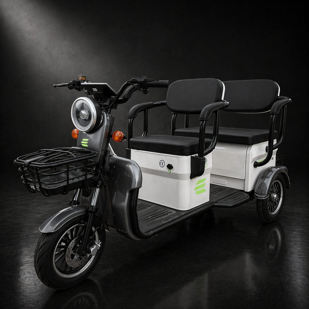 Triciclu Electric V6, Saige, Fara Permis, cu Doua Locuri, Motor 1800W, Baterie 72V24Ah, Autonomie 60km, 220x88x105 cm, Viteza Maxima 25km/h, Alb Coffee