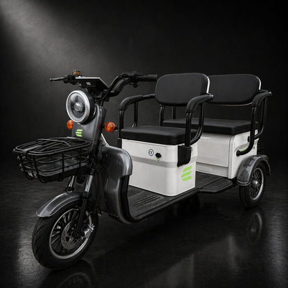 Triciclu Electric V6, Saige, Fara Permis, cu Doua Locuri, Motor 1800W, Baterie 72V24Ah, Autonomie 60km, 220x88x105 cm, Viteza Maxima 25km/h, Alb Coffee