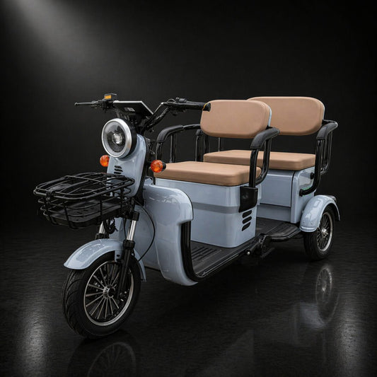 Triciclu Electric V6, Saige, Fara Permis, cu Doua Locuri, Motor 1800W, Baterie 72V24Ah, Autonomie 60km, 220x88x105 cm, Viteza Maxima 25km/h, Gri