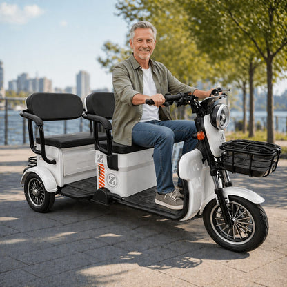 Triciclu Electric V6, Saige, Fara Permis, cu Doua Locuri, Motor 1800W, Baterie 72V24Ah, Autonomie 60km, 220x88x105 cm, Viteza Maxima 25km/h, Alb