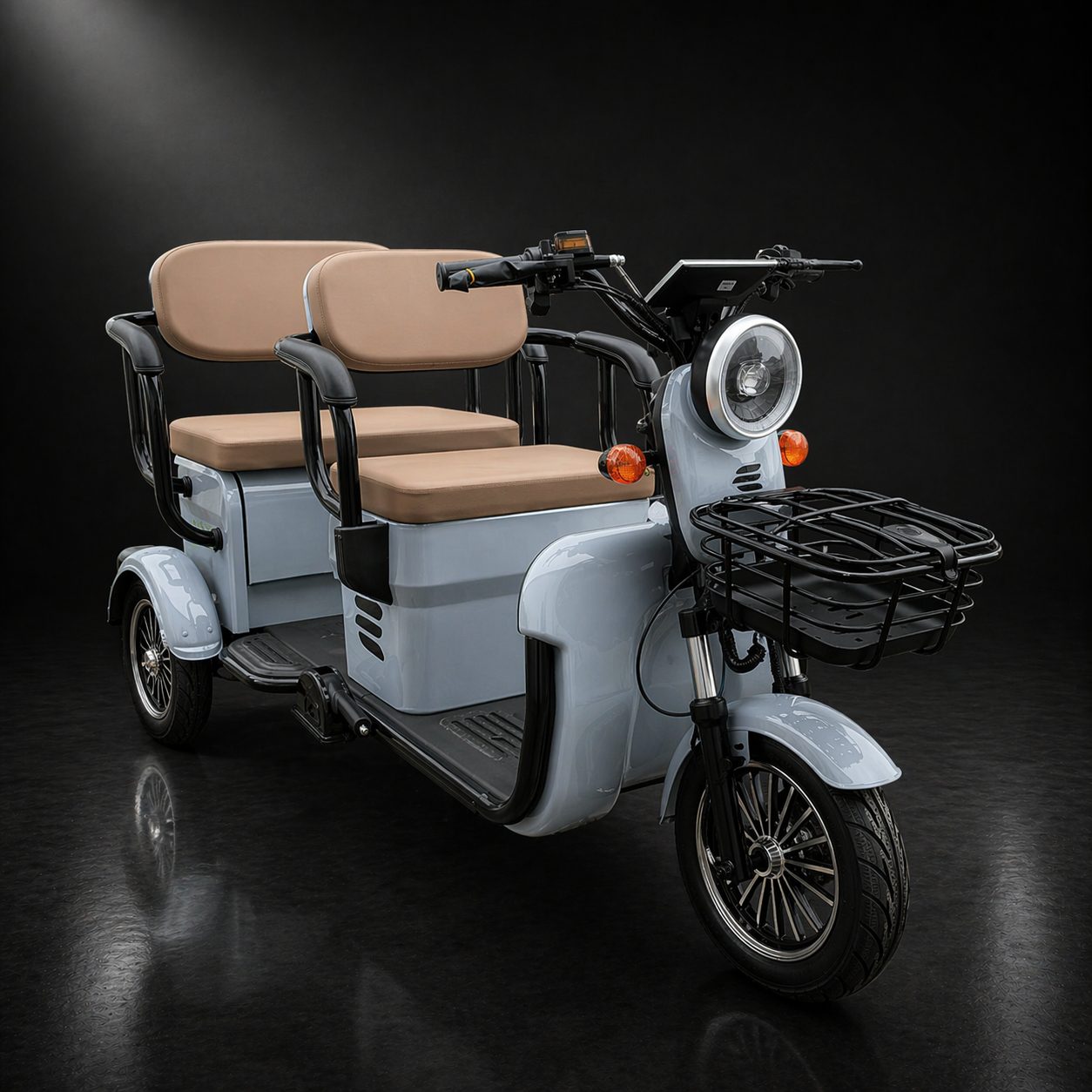 Triciclu Electric V6, Saige, Fara Permis, cu Doua Locuri, Motor 1800W, Baterie 72V24Ah, Autonomie 60km, 220x88x105 cm, Viteza Maxima 25km/h, Gri