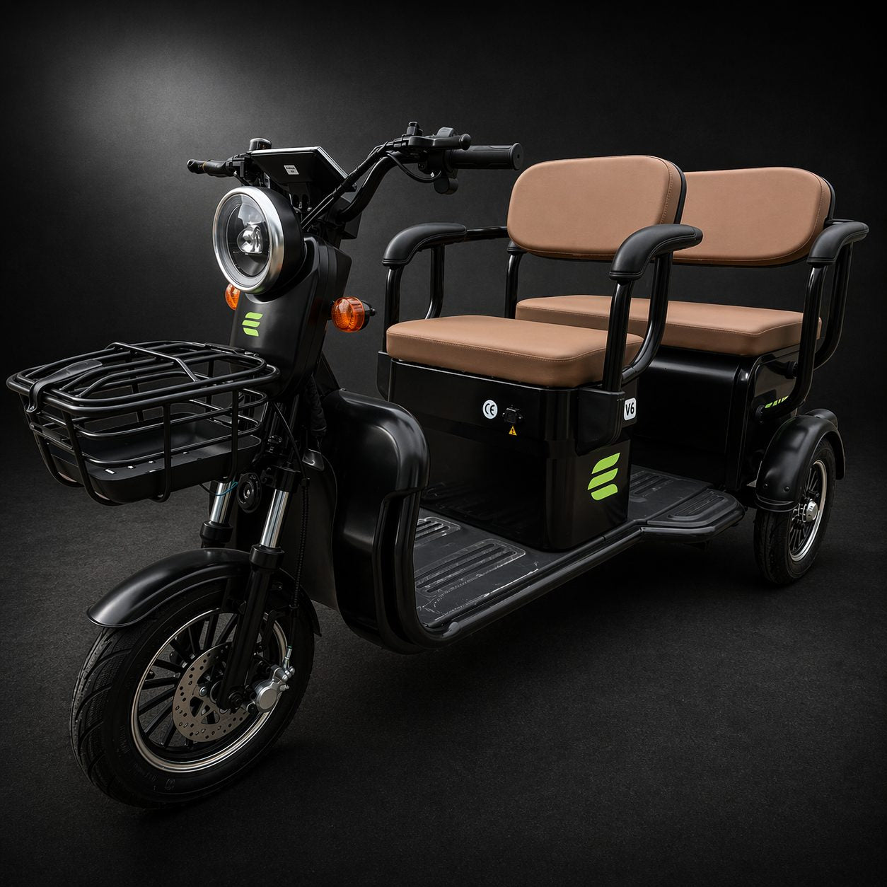 Triciclu Electric V6, Saige, Fara Permis, cu Doua Locuri, Motor 1800W, Baterie 72V24Ah, Autonomie 60km, 220x88x105 cm, Viteza Maxima 25km/h, Negru