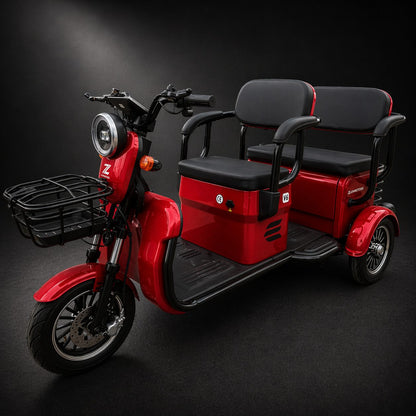 Triciclu Electric V6, Saige, Fara Permis, cu Doua Locuri, Motor 1800W, Baterie 72V24Ah, Autonomie 60km, 220x88x105 cm, Viteza Maxima 25km/h, Rosu
