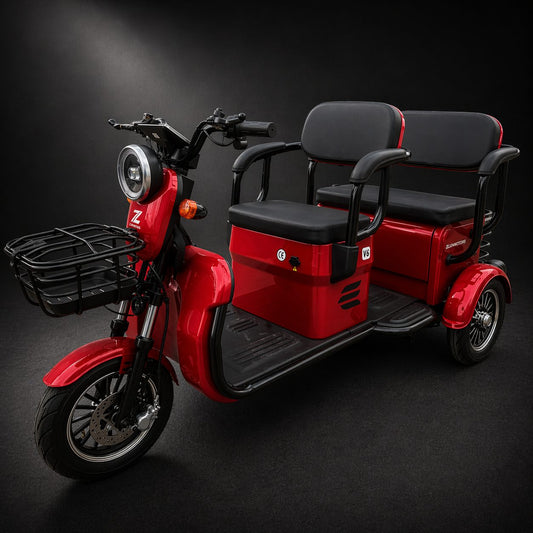 Triciclu Electric V6, Saige, Fara Permis, cu Doua Locuri, Motor 1800W, Baterie 72V24Ah, Autonomie 60km, 220x88x105 cm, Viteza Maxima 25km/h, Rosu