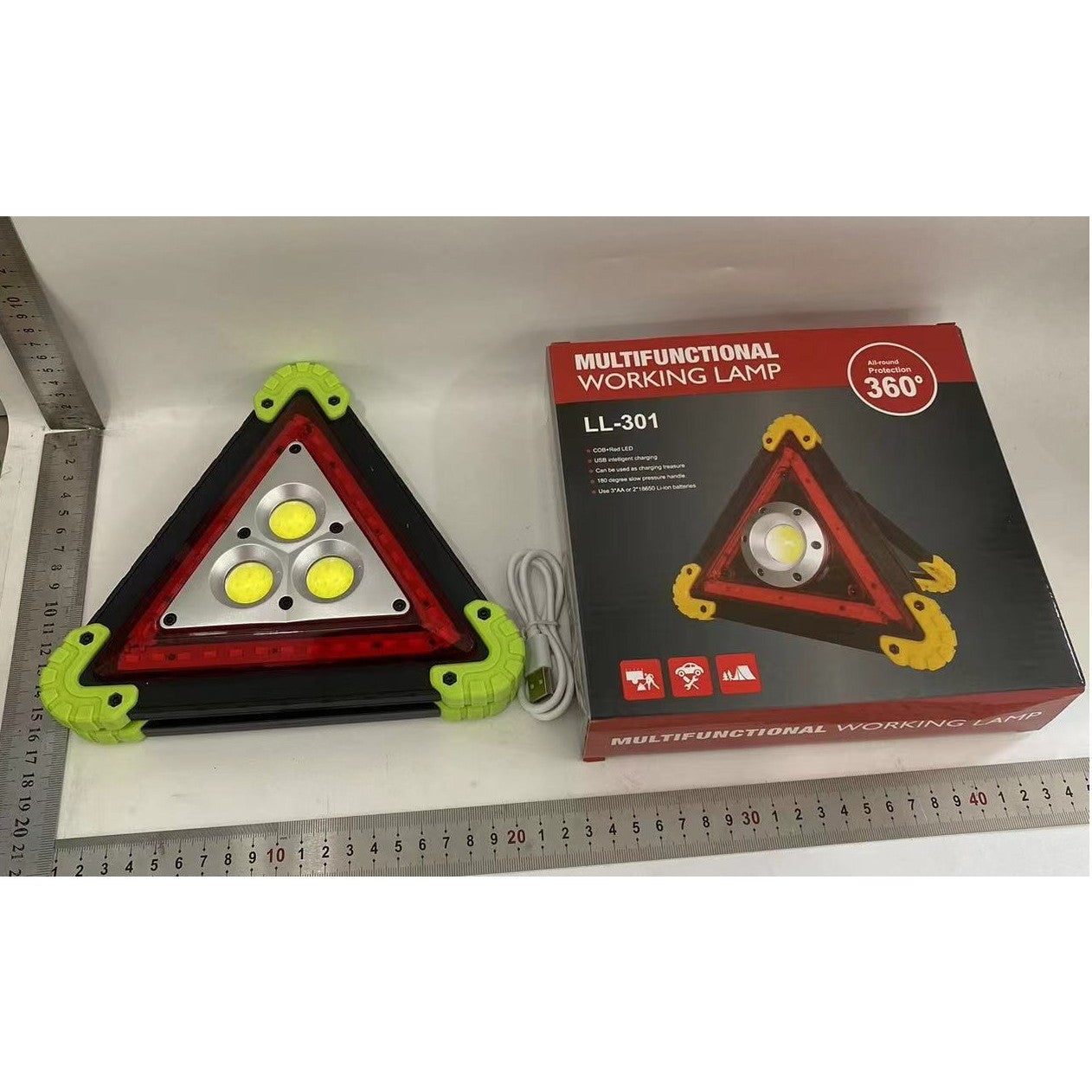 Triunghi Multifunctional de Avertizare, Klevo, Lanterna LED, Impermeabil IP65, 800 lm, 2 x AA, Functie Incarcare Telefon, USB si Micro USB, COB, Verde
