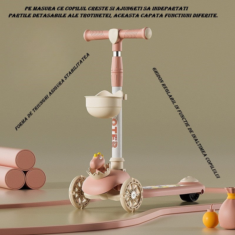 Trotineta Multifunctionala 3 in 1, Klevo, pentru Copii, 1-7 Ani, cu Lumini si Muzica, Reglabil 360, Pliere Usoara, Reglarea Inaltimii, Model Dinozaur, Alb/Roz