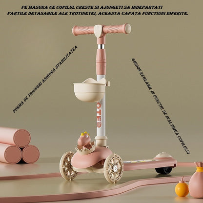 Trotineta Multifunctionala 3 in 1, Klevo, pentru Copii, 1-7 Ani, cu Lumini si Muzica, Reglabil 360, Pliere Usoara, Reglarea Inaltimii, Model Dinozaur, Alb/Roz