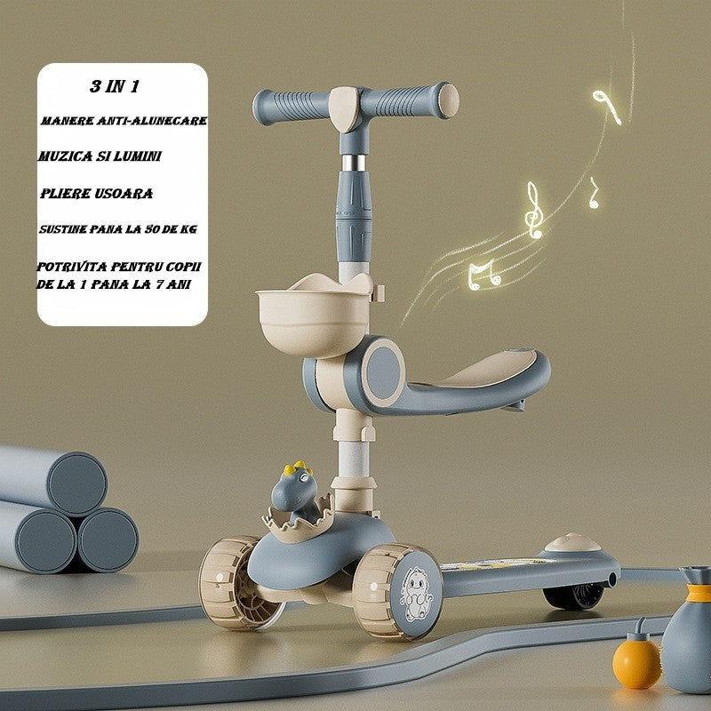 Trotineta Multifunctionala 3 in 1, Klevo, pentru Copii, 1-7 Ani, cu Lumini si Muzica, Reglabil 360, Pliere Usoara, Reglarea Inaltimii, Model Dinozaur, Bej/Albastru