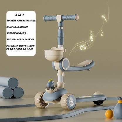 Trotineta Multifunctionala 3 in 1, Klevo, pentru Copii, 1-7 Ani, cu Lumini si Muzica, Reglabil 360, Pliere Usoara, Reglarea Inaltimii, Model Dinozaur, Bej/Albastru
