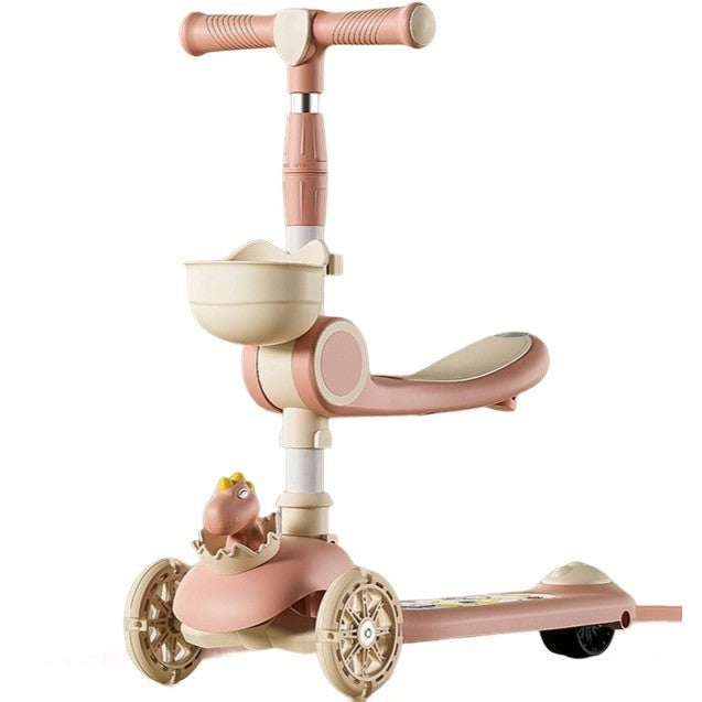 Trotineta Multifunctionala 3 in 1, Klevo, pentru Copii, 1-7 Ani, cu Lumini si Muzica, Reglabil 360, Pliere Usoara, Reglarea Inaltimii, Model Dinozaur, Alb/Roz