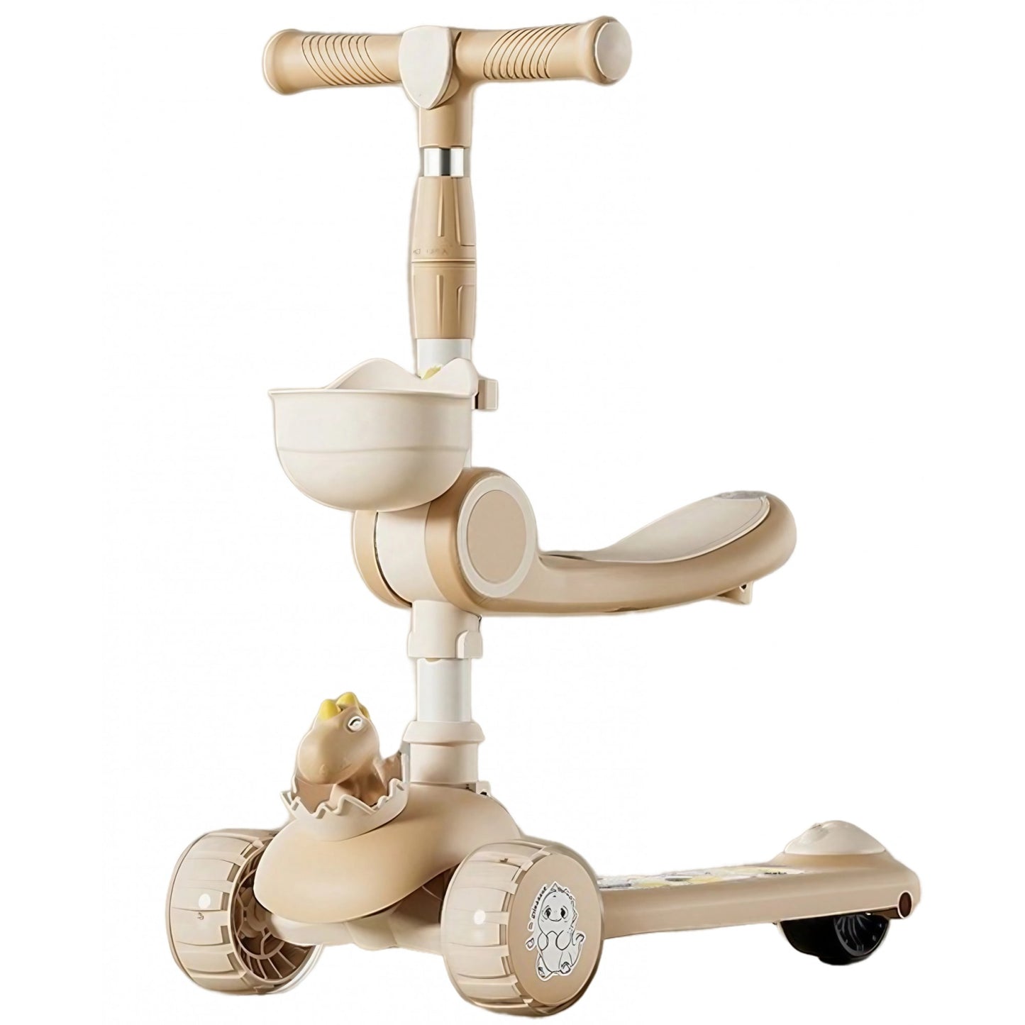 Trotineta Multifunctionala 3 in 1, Klevo, pentru Copii, 1-7 Ani, cu Lumini si Muzica, Reglabil 360, Pliere Usoara, Reglarea Inaltimii, Model Dinozaur, 67-76 x 24 x 55 cm, Alb/Bej