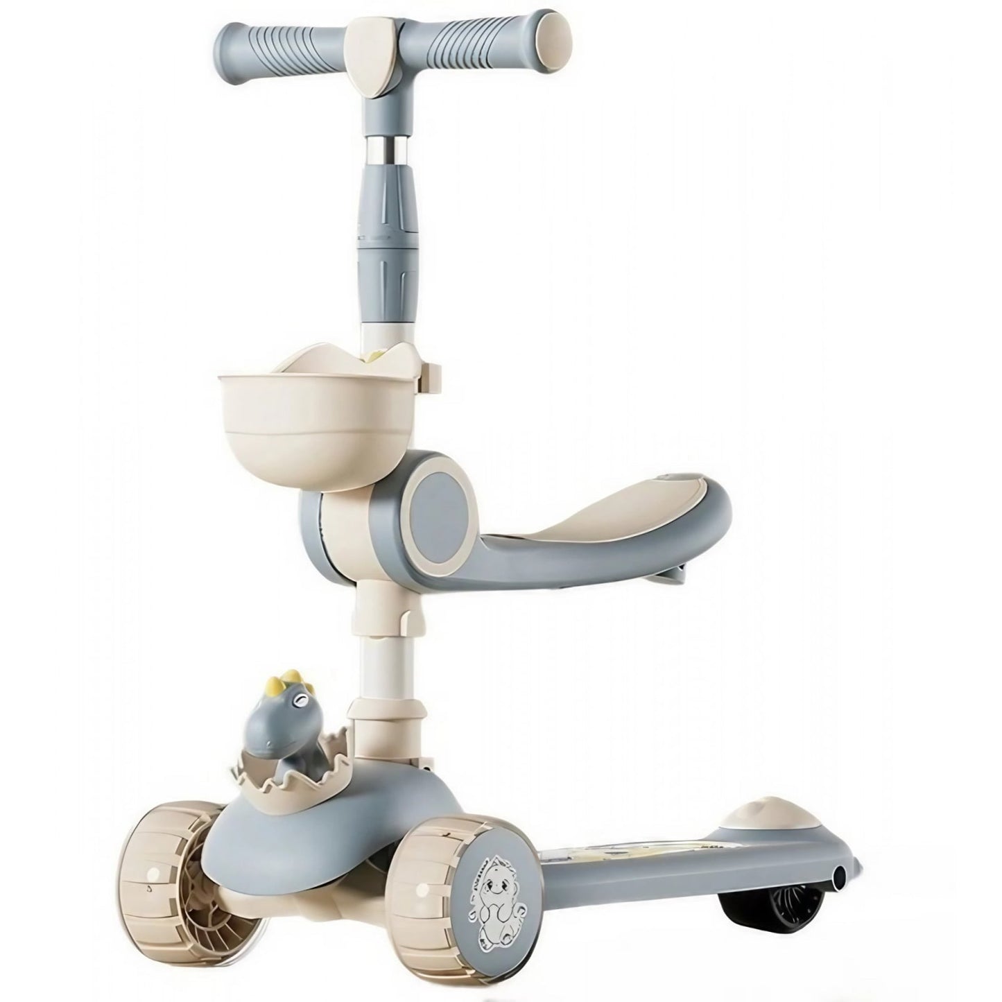Trotineta Multifunctionala 3 in 1, Klevo, pentru Copii, 1-7 Ani, cu Lumini si Muzica, Reglabil 360, Pliere Usoara, Reglarea Inaltimii, Model Dinozaur, Bej/Albastru