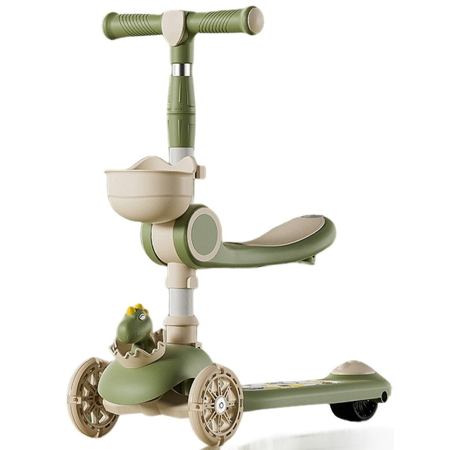 Trotineta Multifunctionala 3 in 1, Klevo, pentru Copii, 1-7 Ani, cu Lumini si Muzica, Reglabil 360, Pliere Usoara, Reglarea Inaltimii, Model Dinozaur, Bej/Verde