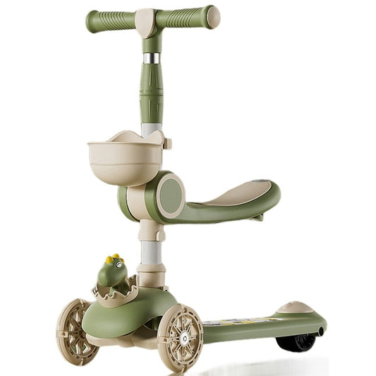 Trotineta Multifunctionala 3 in 1, Klevo, pentru Copii, 1-7 Ani, cu Lumini si Muzica, Reglabil 360, Pliere Usoara, Reglarea Inaltimii, Model Dinozaur, Bej/Verde