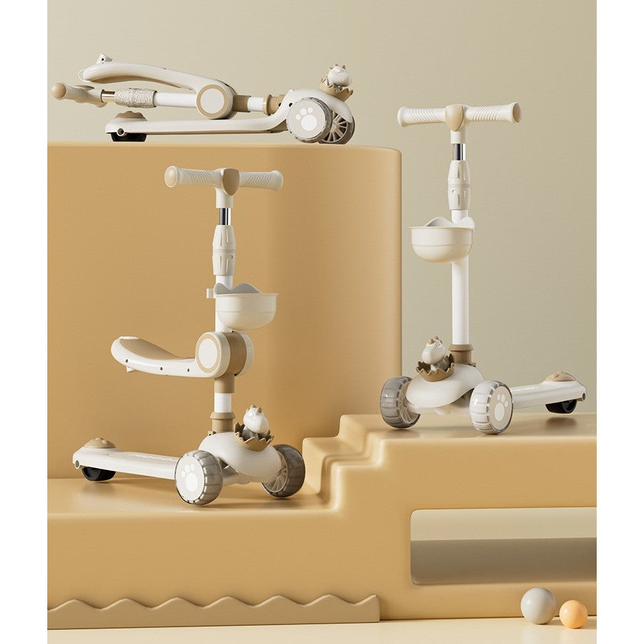 Trotineta Multifunctionala 3 in 1, Klevo, pentru Copii, 1-7 Ani, cu Lumini si Muzica, Reglabil 360, Pliere Usoara, Reglarea Inaltimii, Model Dinozaur, 67-76 x 24 x 55 cm, Alb/Bej