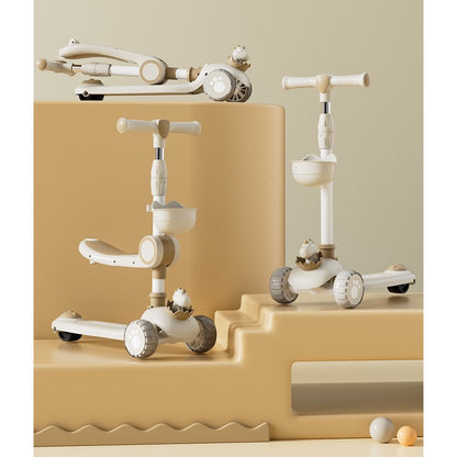Trotineta Multifunctionala 3 in 1, Klevo, pentru Copii, 1-7 Ani, cu Lumini si Muzica, Reglabil 360, Pliere Usoara, Reglarea Inaltimii, Model Dinozaur, 67-76 x 24 x 55 cm, Alb/Bej