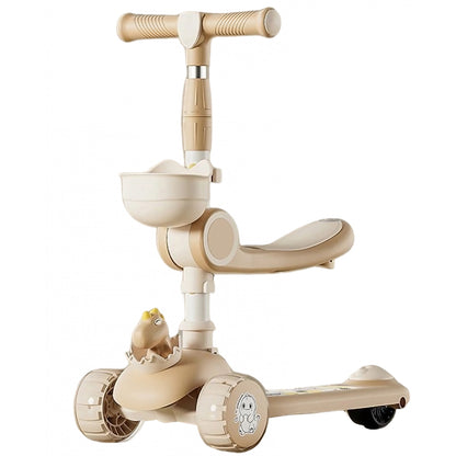 Trotineta Multifunctionala 3 in 1, Klevo, pentru Copii, 1-7 Ani, cu Lumini si Muzica, Reglabil 360, Pliere Usoara, Reglarea Inaltimii, Model Dinozaur, 67-76 x 24 x 55 cm, Alb/Bej