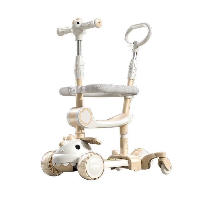 Trotineta Multifunctionala 6 in 1, Klevo, Pentru Copii De La 10 Luni Pana La 12 Ani, Cu Maner De Impingere, Reglabil 360, Pliere Usoara, Reglarea Inaltimii, Model Dinozaur, Alb/Bej