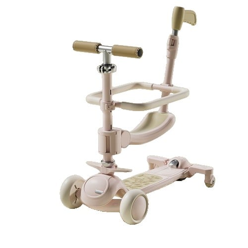 Trotineta Tip Carucior pentru Copii 7in1, Klevo, Pliabila, Ghidon Reglabil, Parti Detasabile, Lumini LED, Muzica, Suport pentru picioare, Roz