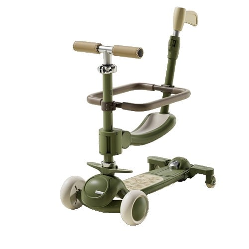 Trotineta Tip Carucior pentru Copii 7in1, Klevo, Pliabila, Ghidon Reglabil, Parti Detasabile, Lumini LED, Muzica, Suport pentru picioare, Verde