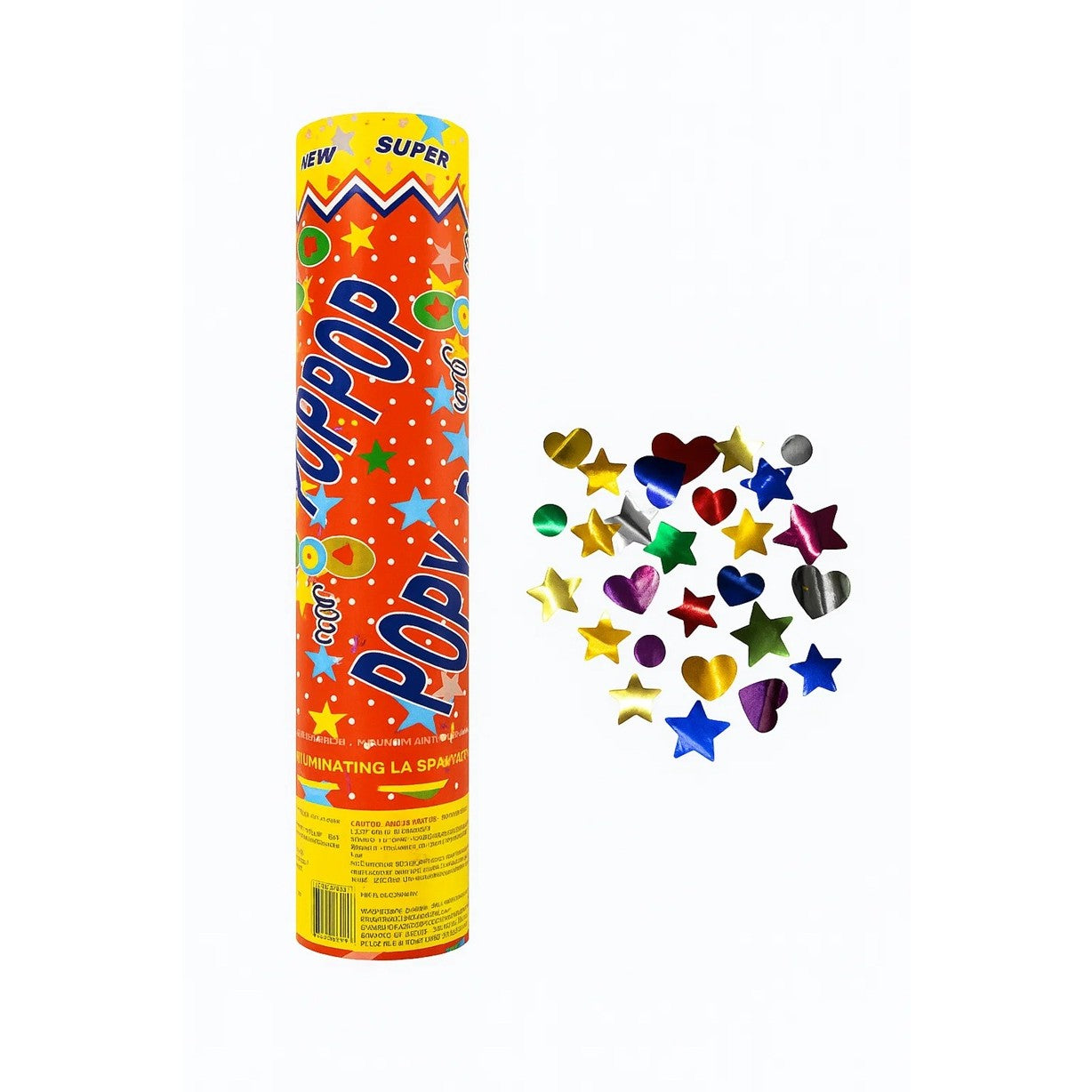 Tun de Confetti, Klevo, Party Popper 40 cm, Model Stelute, Inimioare, Paiete Lucioase, 3 cm Diametru, Multicolor