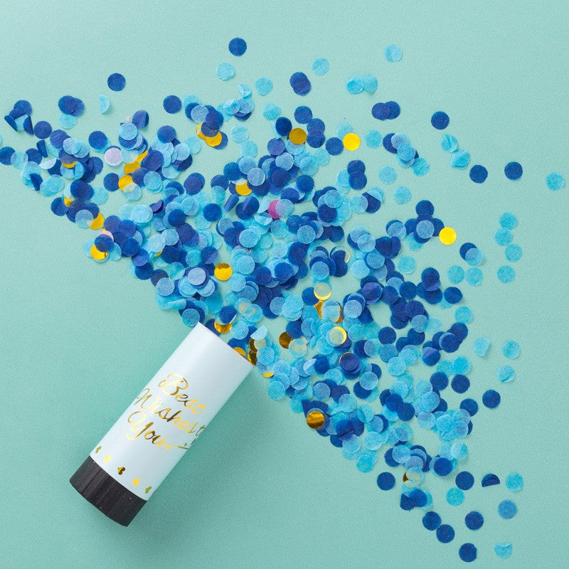 Tun de Confetti, Klevo, Best Wishes 11 x 4 cm, Model Buline din Hartie si Folie, Albastru