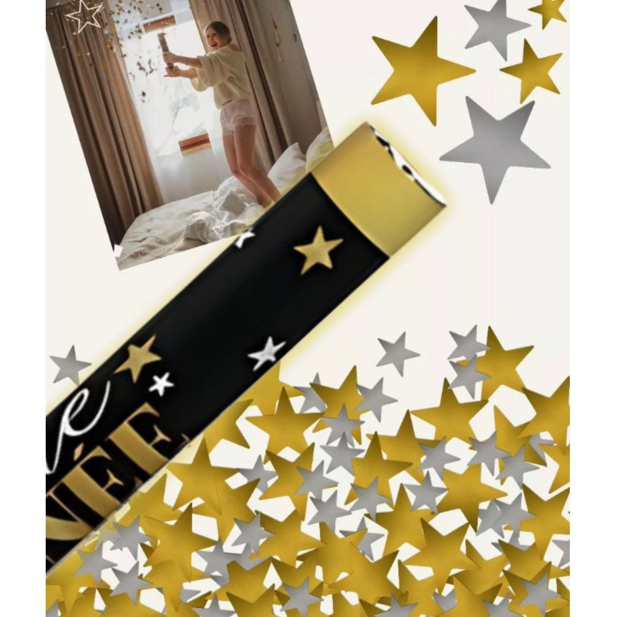 Tub de Confetti, Klevo, Bonne Annee, 40x5 cm, Confetii Stelute din Aluminiu, Auriu/Argintiu