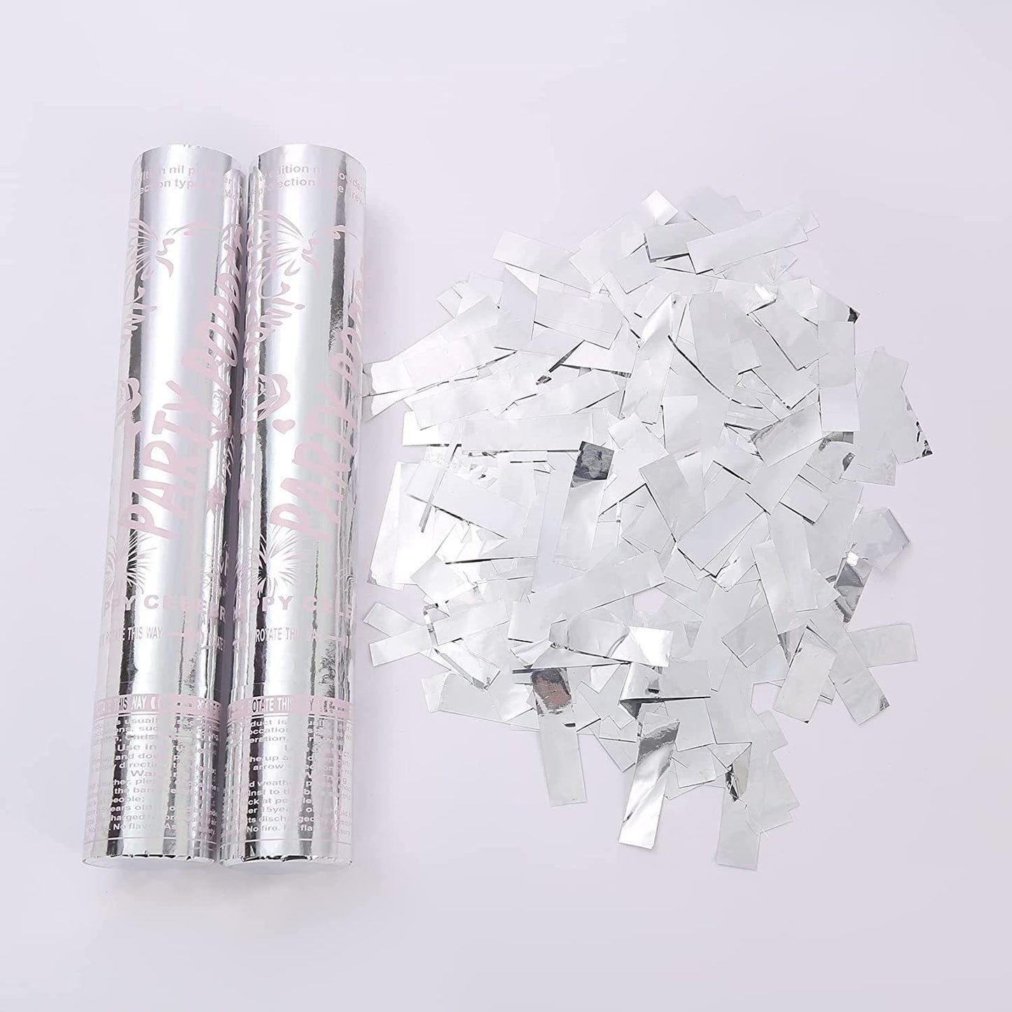 Tub de Confetti, Klevo, Party Popper, 30x5 cm, Confetii Lucioase Rezistente la Foc, Eliberare prin Rasucire, Argintiu
