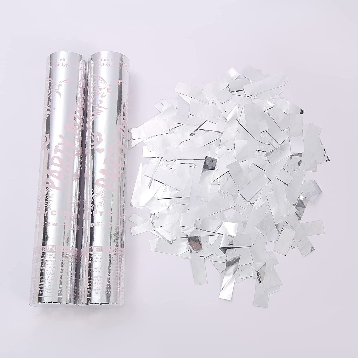Tub de Confetti, Klevo, Party Popper, 30x5 cm, Confetii Lucioase Rezistente la Foc, Eliberare prin Rasucire, Argintiu