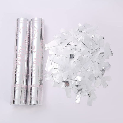 Tub de Confetti, Klevo, Party Popper, 30x5 cm, Confetii Lucioase Rezistente la Foc, Eliberare prin Rasucire, Argintiu
