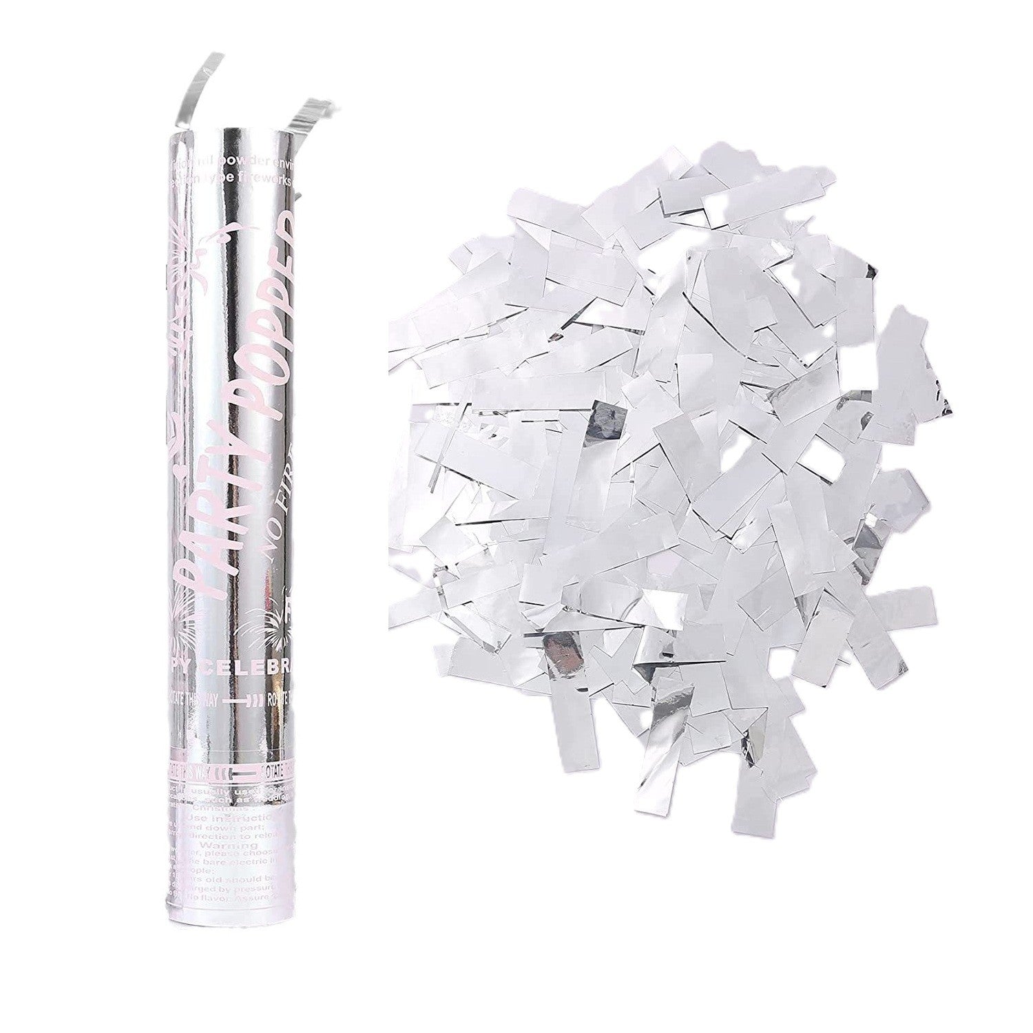 Tub de Confetti, Klevo, Party Popper, 30x5 cm, Confetii Lucioase Rezistente la Foc, Eliberare prin Rasucire, Argintiu