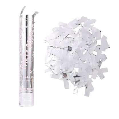 Tub de Confetti, Klevo, Party Popper, 30x5 cm, Confetii Lucioase Rezistente la Foc, Eliberare prin Rasucire, Argintiu