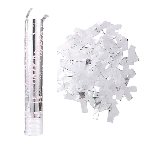 Tub de Confetti, Klevo, Party Popper, 30x5 cm, Confetii Lucioase Rezistente la Foc, Eliberare prin Rasucire, Argintiu