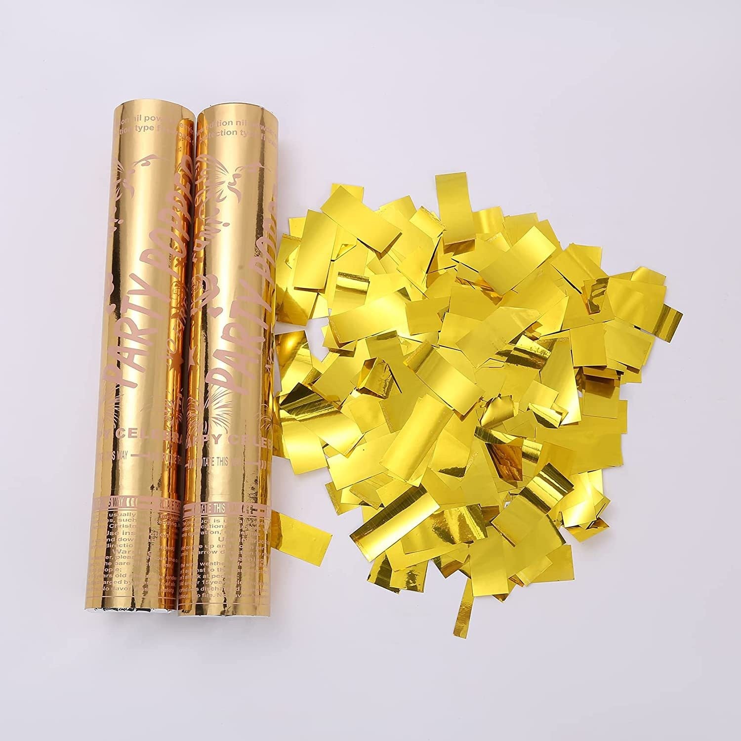 Tub de Confetti, Klevo, Party Popper, 30x5 cm, Confetii Lucioase Rezistente la Foc, Eliberare prin Rasucire, Auriu
