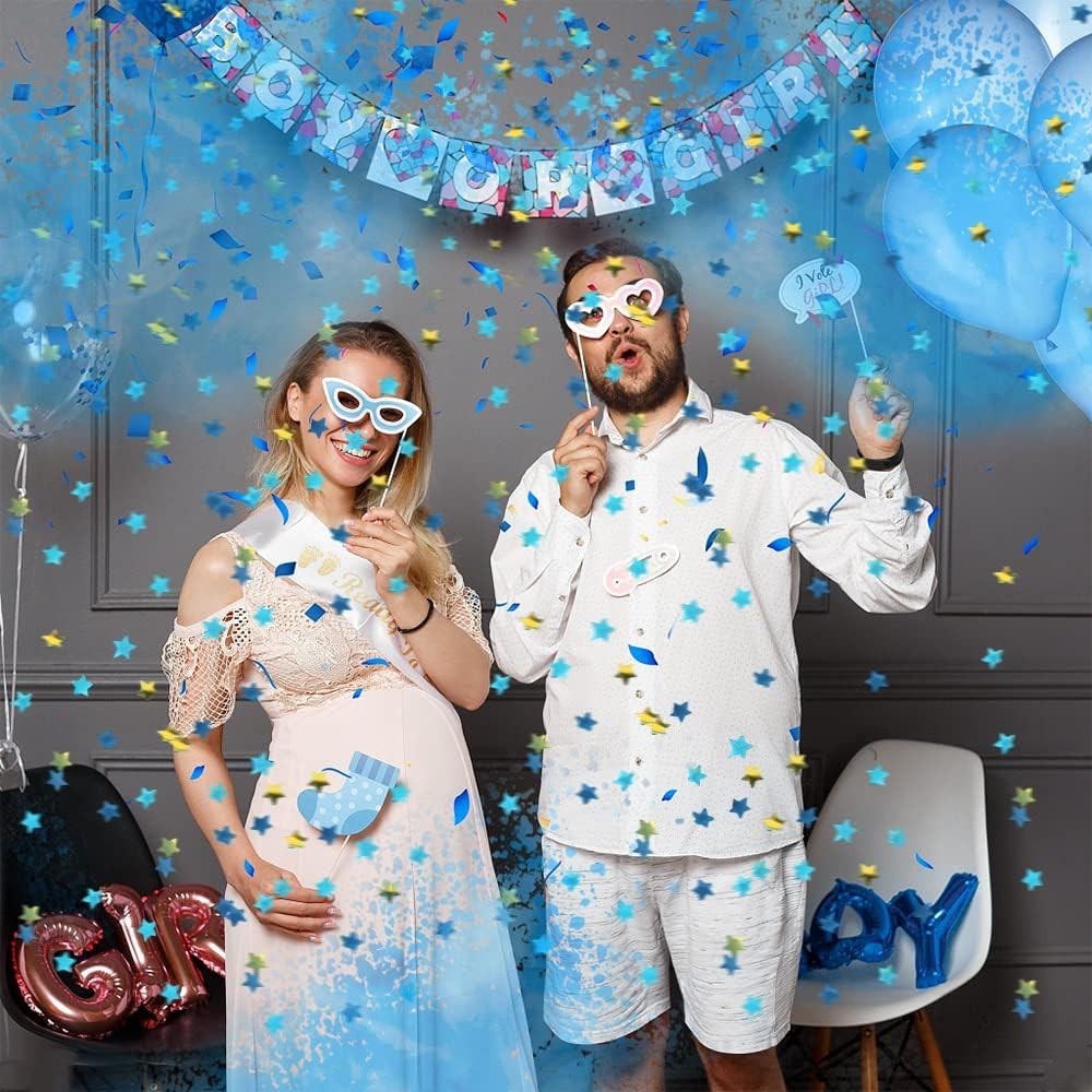 Tun Confetti, Klevo, Model Gender Reveal, Boy or Girl, 40 cm, Ambalaj din Carton, Eliberare prin Rasucire, Albastru