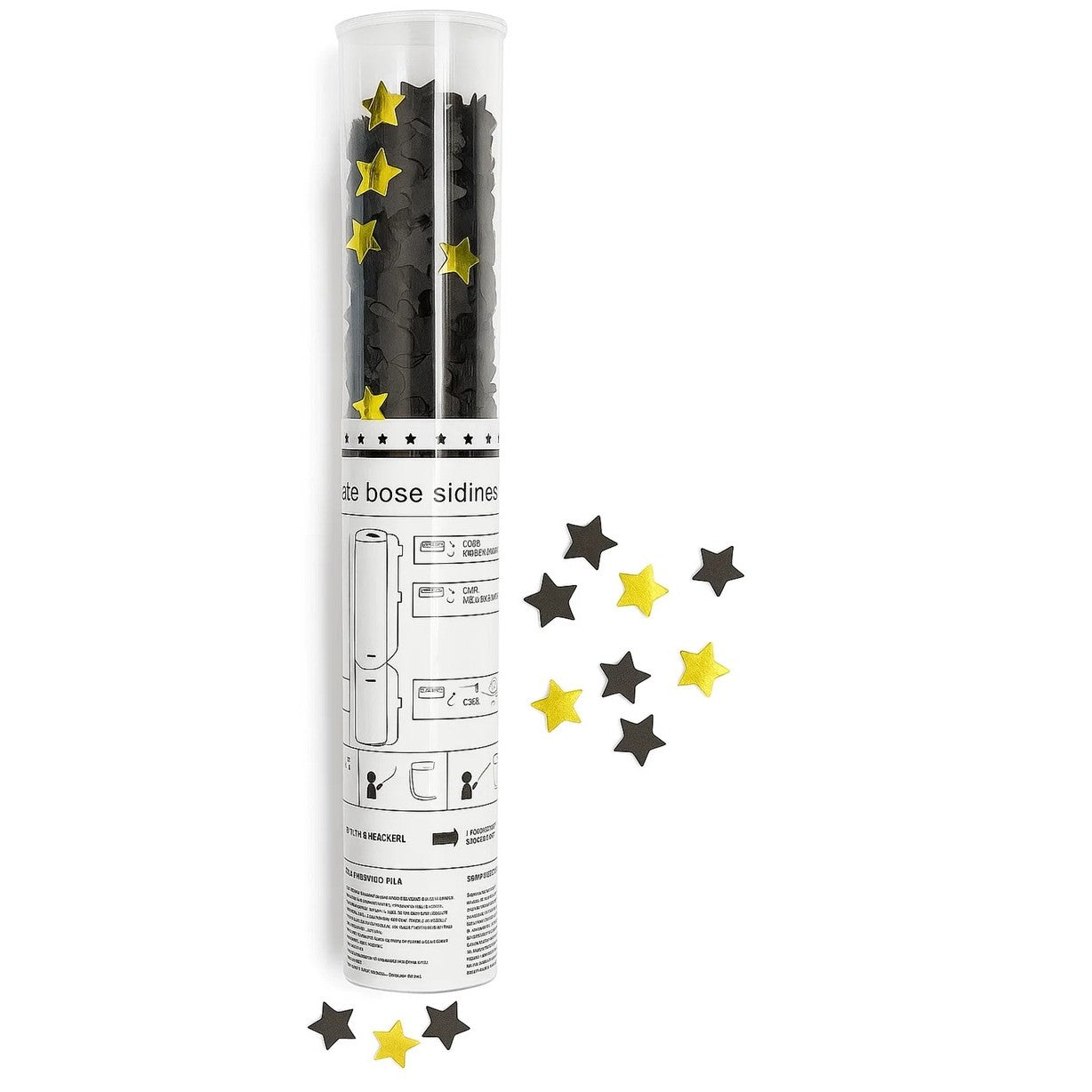 Tun de Confetti, Klevo, 40 cm, Model Stelute din Folie si Hartie, Ambalaj PET, Negru