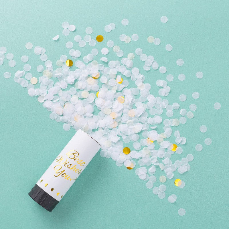 Tun de Confetti, Klevo, Best Wishes 11 x 4 cm, Model Buline din Hartie si Folie, Alb