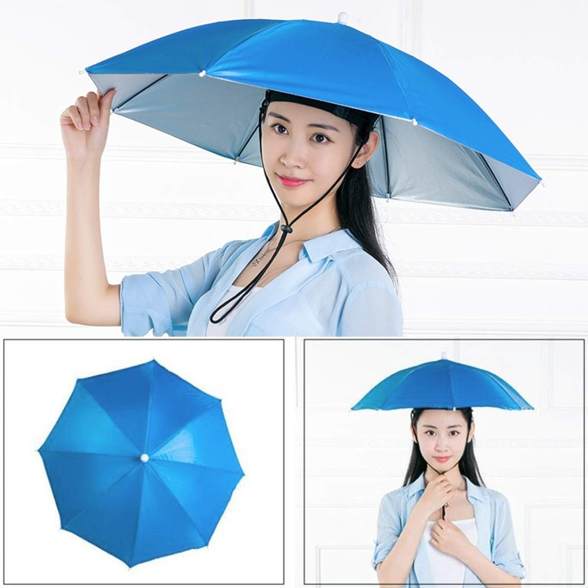 Umbrela de Cap, Klevo, Diametru 69 cm, Snur Reglabil de Cap, Protectie UV/Ploaie, Albastru