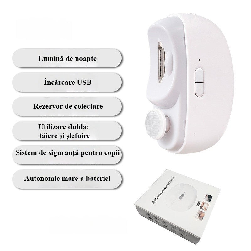 Unghiera Electrica 2 in 1, Klevo, Taiat si Slefuit, 2 Viteze, Lumina LED, Design Ergonomic, Compartiment Resturi, Portabila, Silentioasa 65 db, USB-C, Manichiura, Ideal Pentru Copii si Adulti, 8.5 x 6.8 x 3.3 cm, Alb