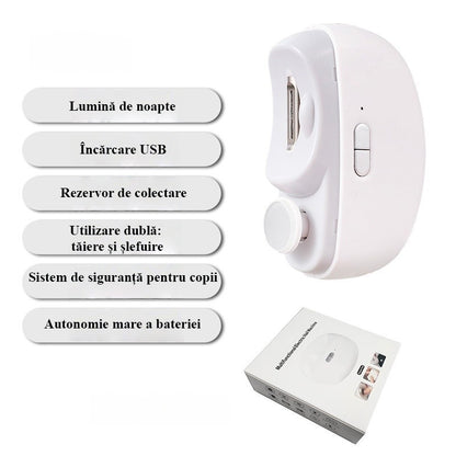 Unghiera Electrica 2 in 1, Klevo, Taiat si Slefuit, 2 Viteze, Lumina LED, Design Ergonomic, Compartiment Resturi, Portabila, Silentioasa 65 db, USB-C, Manichiura, Ideal Pentru Copii si Adulti, 8.5 x 6.8 x 3.3 cm, Alb