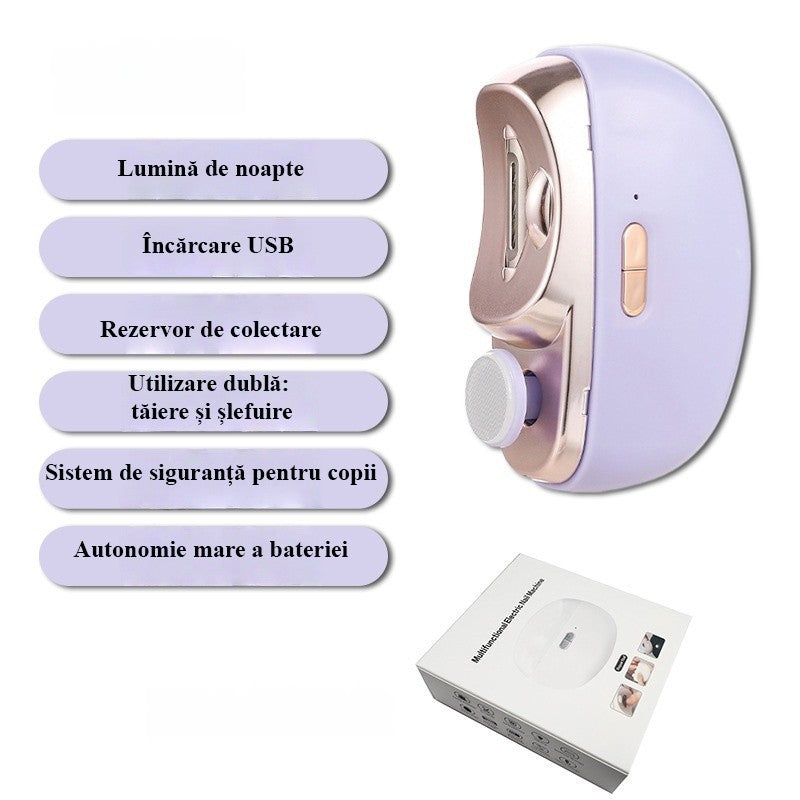 Unghiera Electrica 2 in 1, Klevo, Taiat si Slefuit, 2 Viteze, Lumina LED, Design Ergonomic, Compartiment Resturi, Portabila, Silentioasa 65 db, USB-C, Manichiura, Ideal Pentru Copii si Adulti, 8.5 x 6.8 x 3.3 cm, Violet