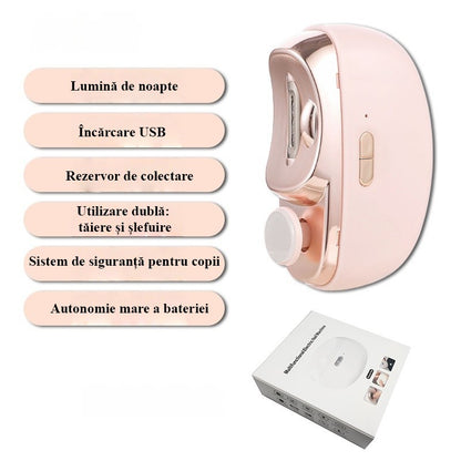 Unghiera Electrica 2 in 1, Klevo, Taiat si Slefuit, 2 Viteze, Lumina LED, Design Ergonomic, Compartiment Resturi, Portabila, Silentioasa 65 db, USB-C, Manichiura, Ideal Pentru Copii si Adulti, 8.5 x 6.8 x 3.3 cm, Roz