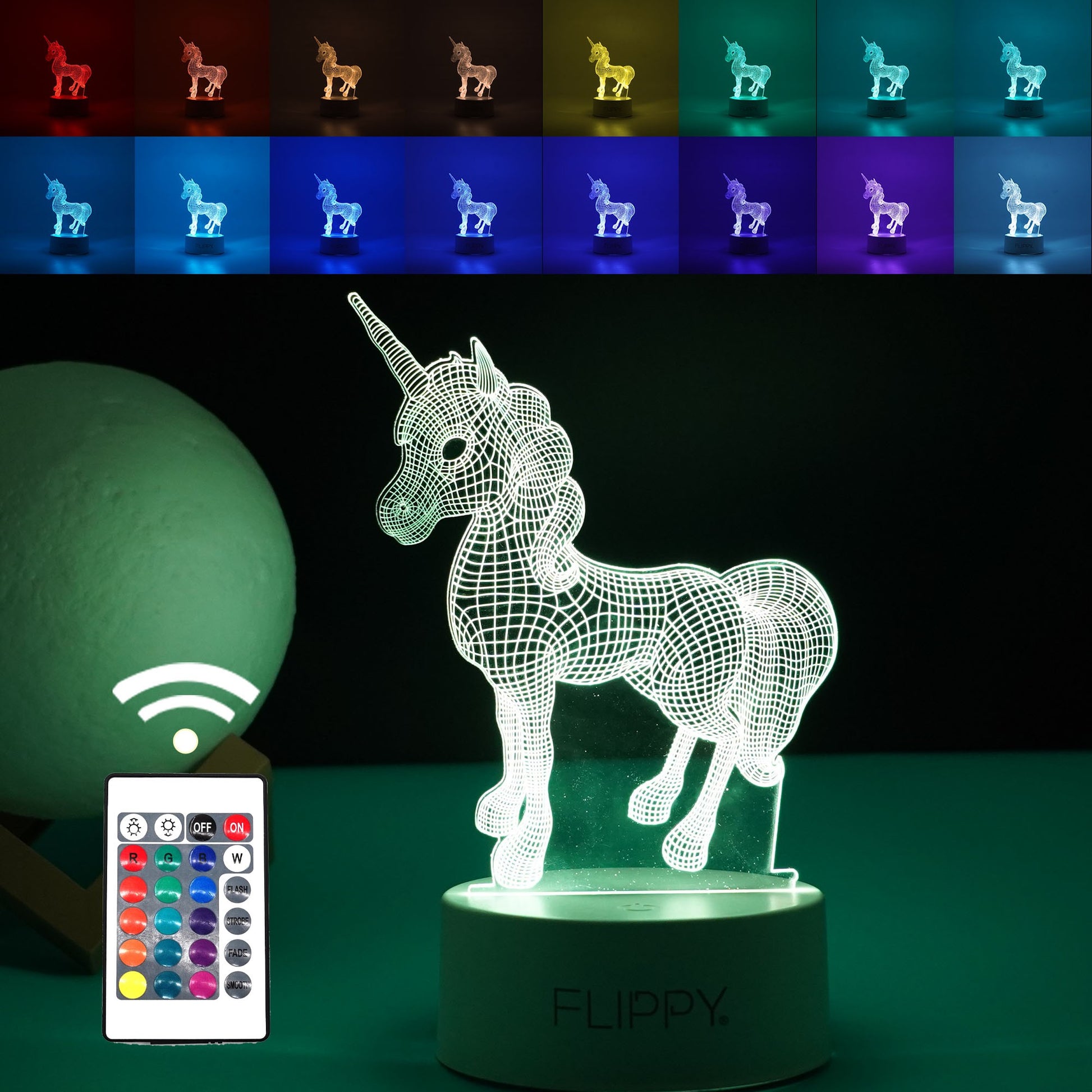 Lampa LED decorativa, Klevo, 3D, Unicorn, cu USB si baterii, 20 cm inaltime, din material acril, lumina multicolora si telecomanda inclusa, alb