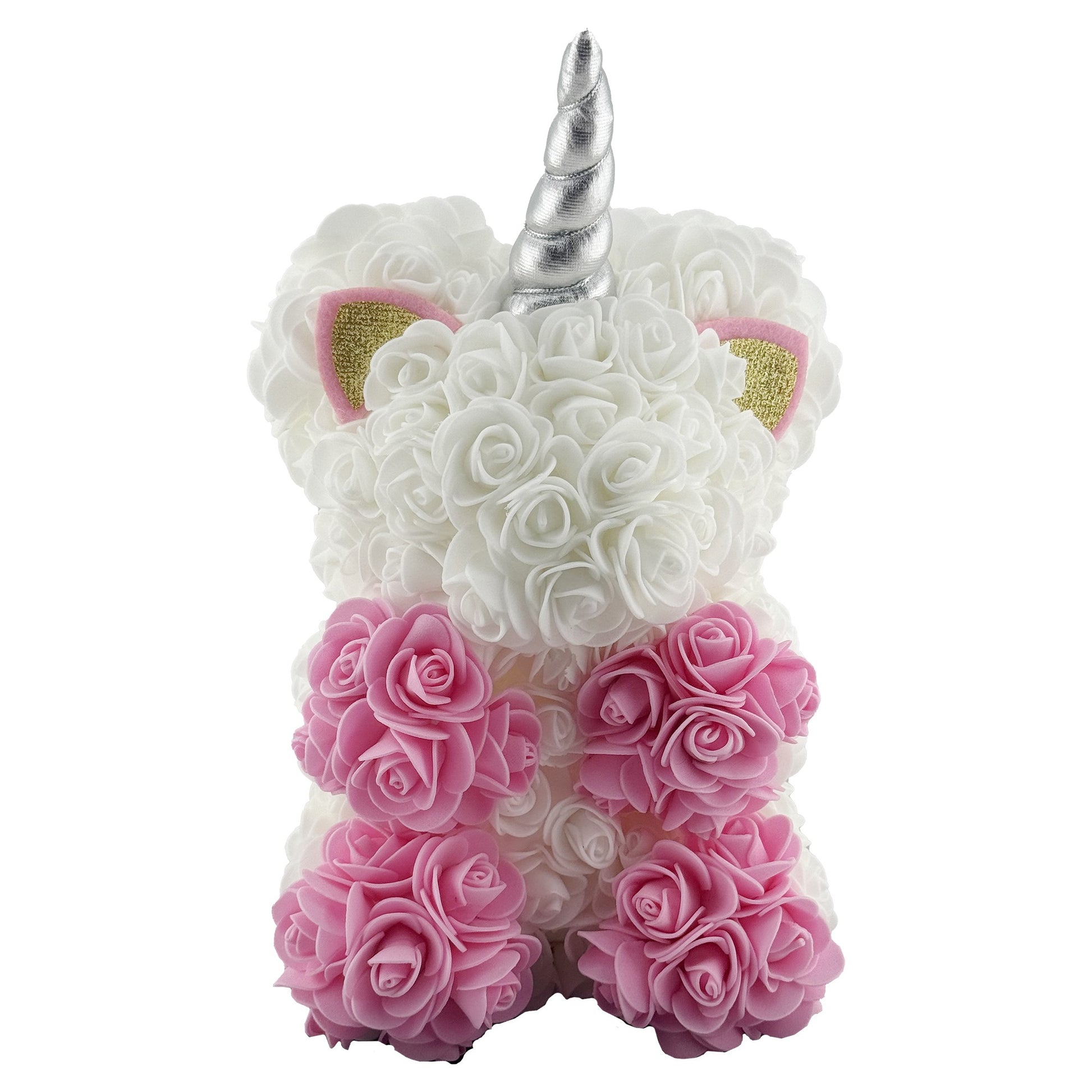 Unicorn din Flori, Klevo, Unicorn din Trandafiri de Spuma, Unicornul 17 x 17 x 23 cm / Cutia Trasparenta 19 x 19 x 28 cm, Roz/Alb