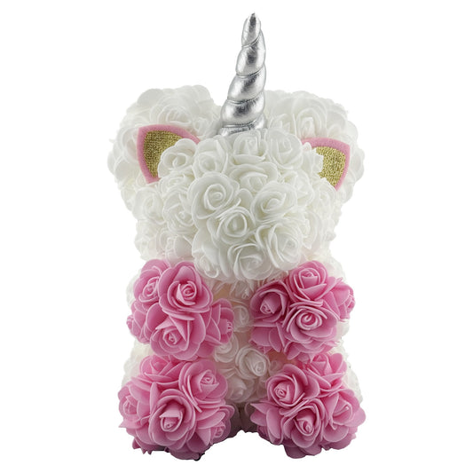 Unicorn din Flori, Klevo, Unicorn din Trandafiri de Spuma, Unicornul 17 x 17 x 23 cm / Cutia Trasparenta 19 x 19 x 28 cm, Roz/Alb