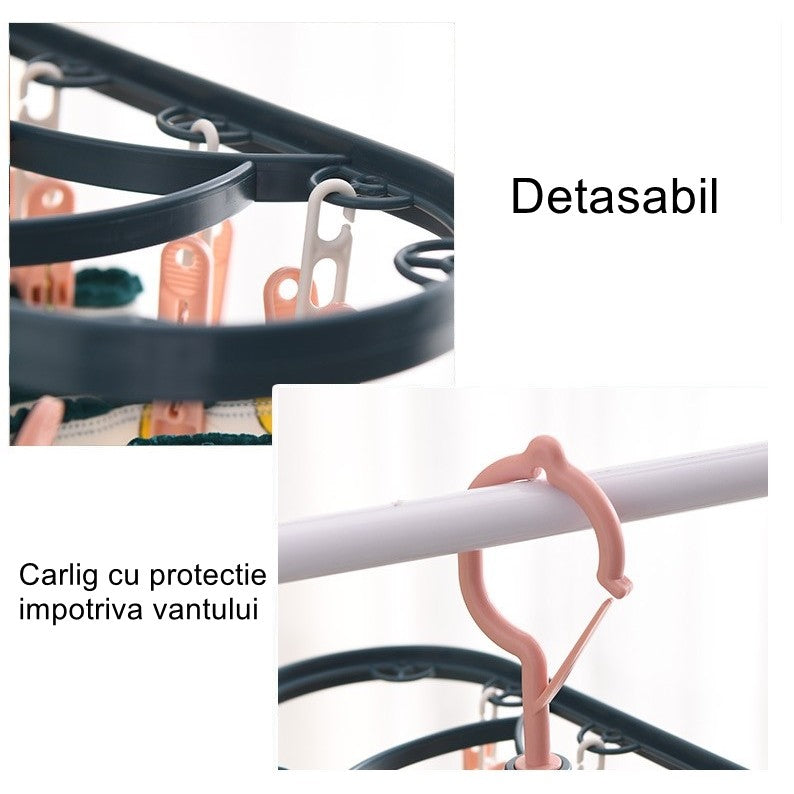 Uscator de Rufe Suspendat Klevo, cu 12 Carlige, Rotire 360 Grade, Protectie Vant, Mateiral Plastic, Usor de Depozitat, Multifunctional, 30 x 12.5 cm, Albastru/Roz