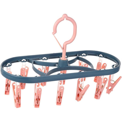 Uscator de Rufe Suspendat Klevo, cu 12 Carlige, Rotire 360 Grade, Protectie Vant, Mateiral Plastic, Usor de Depozitat, Multifunctional, 30 x 12.5 cm, Albastru/Roz