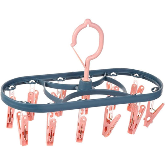Uscator de Rufe Suspendat Klevo, cu 12 Carlige, Rotire 360 Grade, Protectie Vant, Mateiral Plastic, Usor de Depozitat, Multifunctional, 30 x 12.5 cm, Albastru/Roz