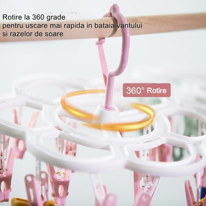 Uscator de Rufe Suspendat Klevo, cu 16 Carlige, Rotire 360 Grade, Mateiral Plastic, Usor de Depozitat, Multifunctional, 26 x 21 cm, Roz